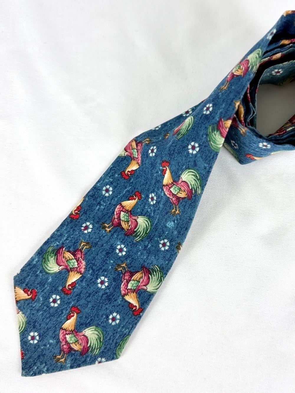 Blue Tie with Roosters Necktie From Norway Maine Handmade Cotton Chickens